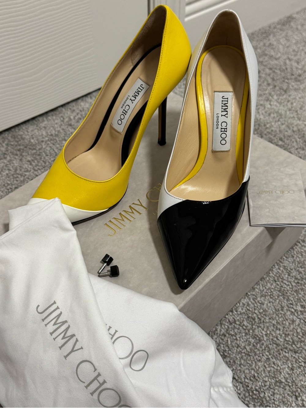 Jimmy Choo Yellow, Black & White Pointed Toe Stiletto Pumps